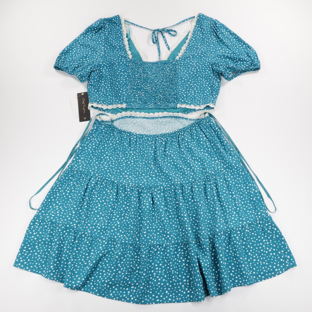 City Triangles Women's V Neck Puffed Sleeve Dot Woven Flare Dress Green Size L - Picture 5 of 9